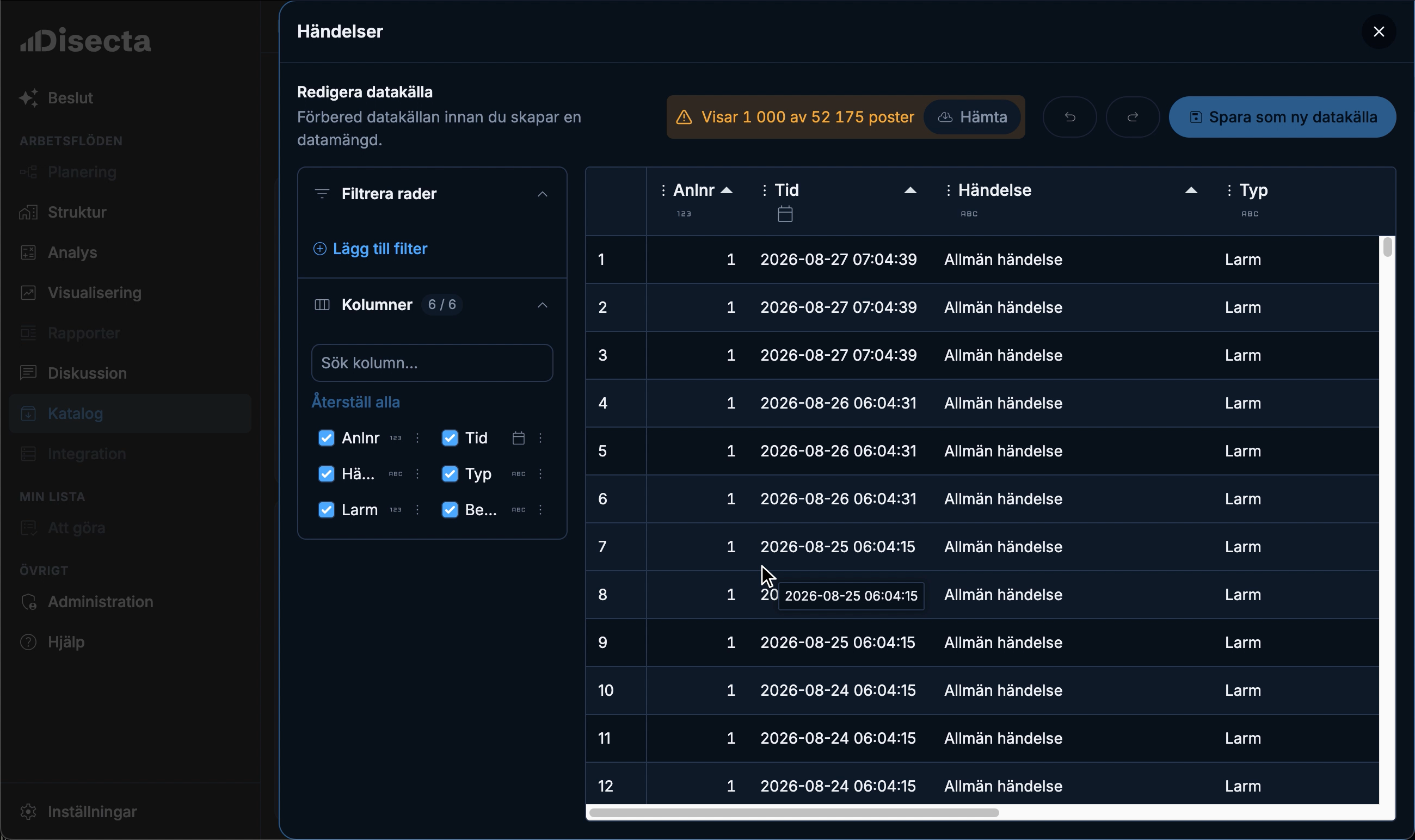 Disecta Decision's data source editor: a table of events with their time, type and description, a panel for filtering rows and choosing columns, and a button to save the result as a new data source.