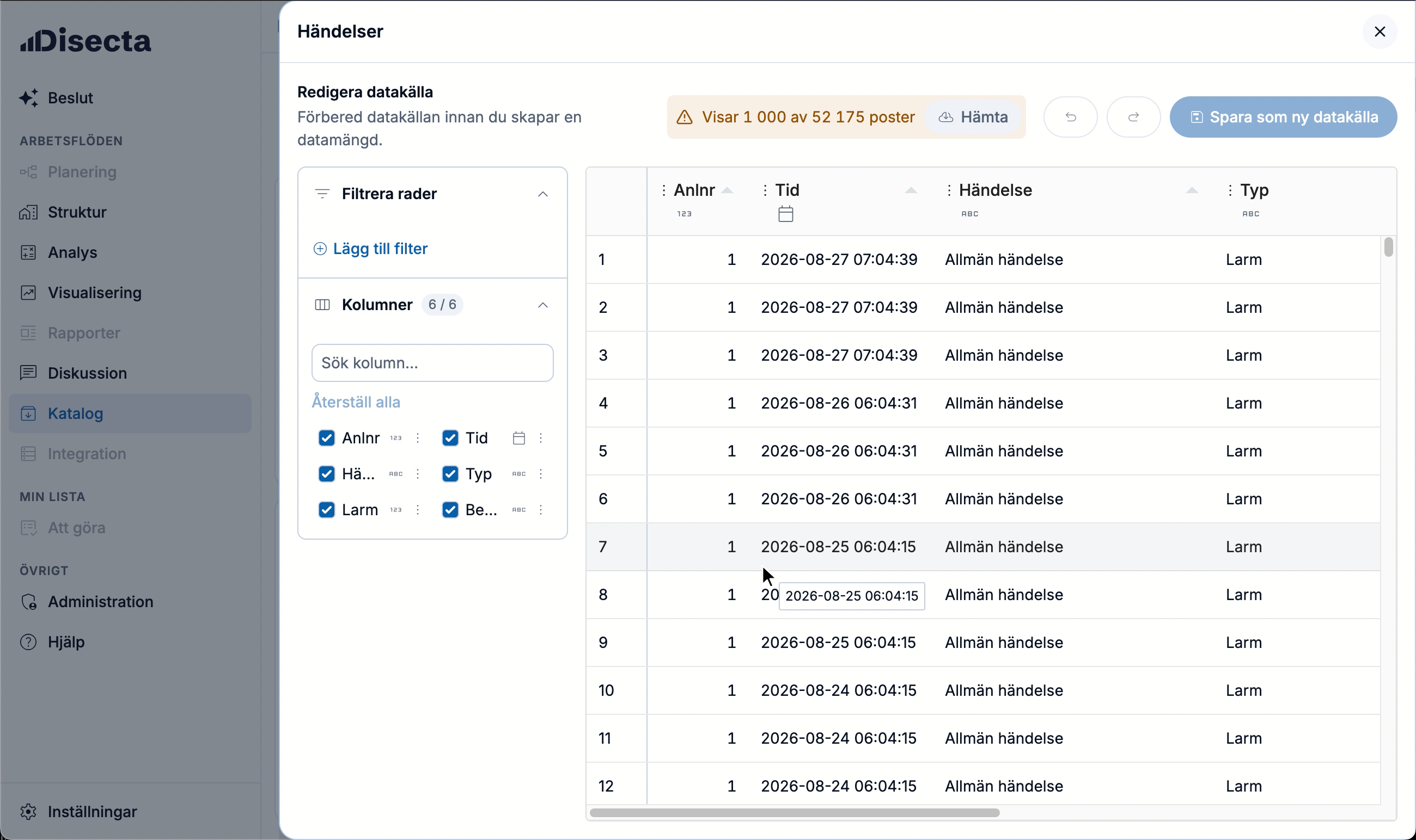 Disecta Decision's data source editor: a table of events with their time, type and description, a panel for filtering rows and choosing columns, and a button to save the result as a new data source.